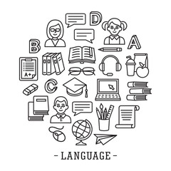 Language school circle icon set