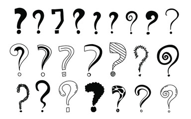 Question marks creative black vector illustrations in doodle style. Hand Drawn isolated on white background