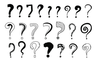 Obraz premium Question marks creative black vector illustrations in doodle style. Hand Drawn isolated on white background