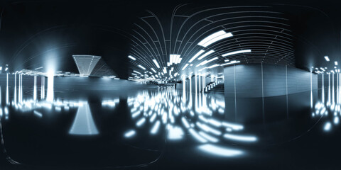 futuristic 360 full degree panorama view of futuristic dark hall industrial design 3d render illustration hdri hdr vr style © eliahinsomnia