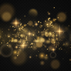 Fototapeta na wymiar Christmas background of shining gold dust Christmas glowing bokeh confetti and spark overlay texture for your design. Glittering gold texture. Christmas effect for luxury greeting rich card. 
