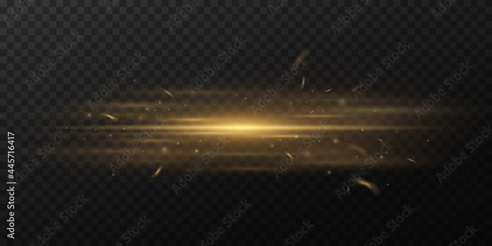 Poster golden horizontal light effect on a dark transparent background. beam with sparks. bright rays with 