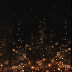 Christmas background of shining gold dust Christmas glowing bokeh confetti and spark overlay texture for your design. Glittering gold texture. Christmas effect for luxury greeting rich card. 