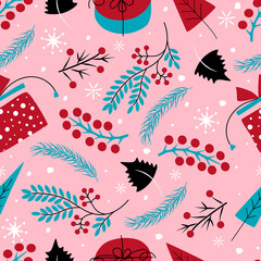 Christmas seamless illustration.Gifts,snowflakes,berries, spruce branches,leaves.Applicable for wrapping paper, textiles, wallpaper, wrappers