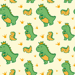 Seamless pattern with green and orange dinosaurs and crowns for decorating accessories or room for children, cute cartoon flat style