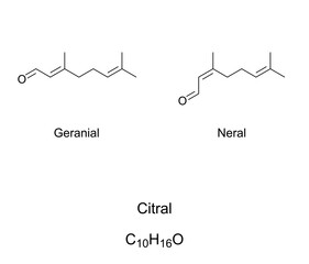 Citral or lemonal, chemical formulas. Mixture of organic compounds geranial and neral. Terpenoids and isomers with same molecular formula C10H16O. Found in essential oils. Aroma compounds in perfumes.