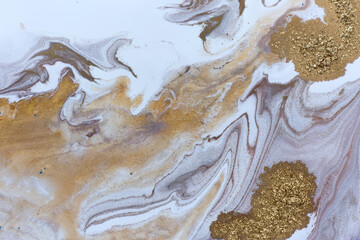 White, gold, copper and black ripple pattern. Marble abstract texture with gold particles.