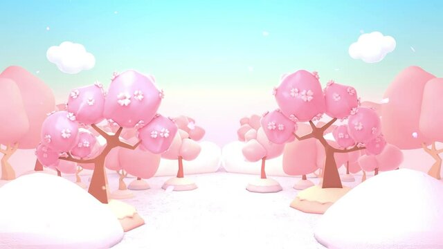 Looped cartoon pink cherry trees garden with falling petals effects animation.