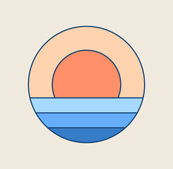 Water wave and sun in retro minimalistic style.