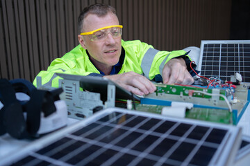 solar power plant engineers and examining photovoltaic panels. Concept of alternative energy and its service. Electrical and instrument technician.