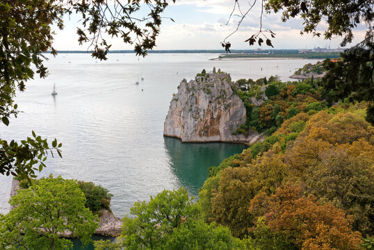 Ruins of the old medieval castle of Duino, on a promontory on the rocky coast of northern Adriatic sea, near Trieste, Italy