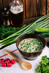 Russian cold soup with kvass and cucumbers. Okroshka
