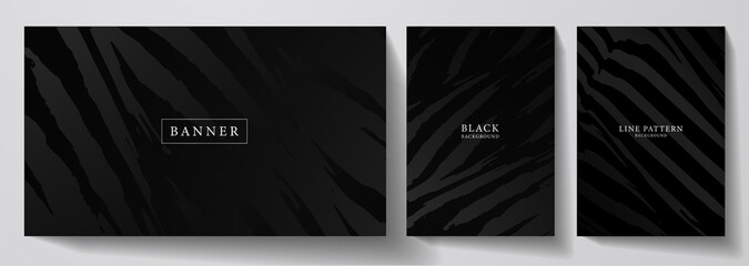 Black banner, cover design set. Diagonal line pattern (curve print) on dark background. Premium horizontal and vertical stripe vector template for gift card, invitation, brochure, restaurant menu