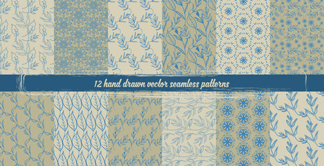12 hand drawn vector seamless patterns 