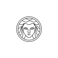 Obraz premium beauty women with long hair wavy outline line art stamp sticker label emblem badge logo design vector illustration for spa salon beauty barber or shampoo