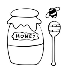 Summer set of vector illustrations in doodle style. Coloring. Image of a bee, a jar of honey and a honey dipper.