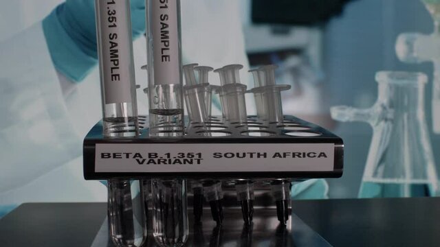 Beta B.1.351 Variant Test Tube Samples Being Placed In Rack. Locked Off