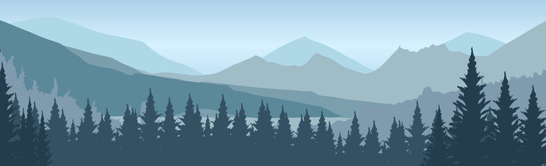 Mountains background in forest with pine trees in winter , Illustration Vector EPS 10