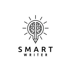 Human brain light bulb or sun with pencil smart writer editor logo design vector illustration