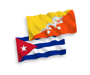 Flags of Kingdom of Bhutan and Cuba on a white background