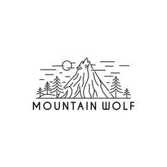 howling wolf moonlight with mountain landscape line art style logo design vector illustration