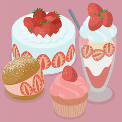 苺のスイーツセットのベクターイラスト素材