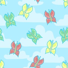 Fototapeta na wymiar Seamless Multicolor Butterfly Repeat Pattern On A Sky Background