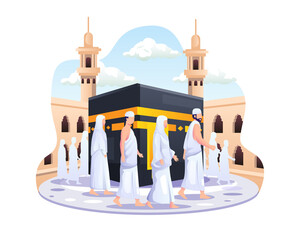 Islamic Hajj Pilgrimage People Are Walking Around Kaaba Illustration