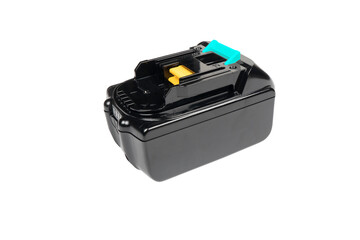 Black lithium-ion battery isolated on white background. Lithium rechargeable  battery for hand...