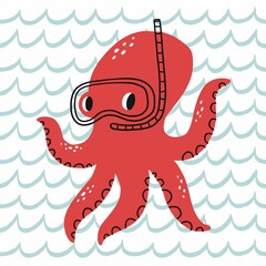 Cute cartoon octopus fish, bathyscaphe, crab, ship, star, hammerhead shark, sea horse,   sea life - vector illustration for kids.  © NadezdaBarkova