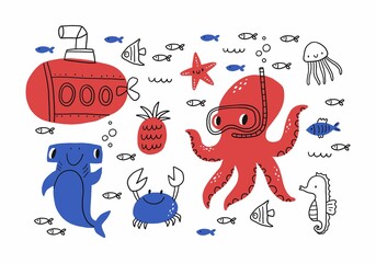 Cute cartoon octopus fish, bathyscaphe, crab, ship, star, hammerhead shark, sea horse,   sea life - vector illustration for kids.  © NadezdaBarkova