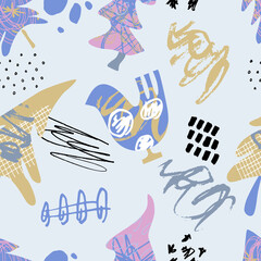 Vector Christmas pattern in the doodle style.Seamless illustration with Christmas trees,doodles,birds.For wrapping paper, fabric production, wrappers, wallpaper