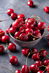 Plate of juicy fresh ripe cherries close up