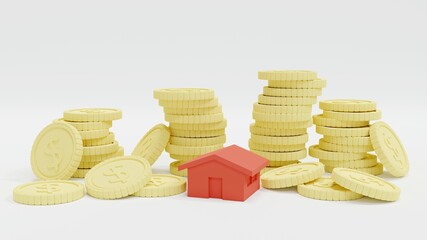 3D Rendering concept of money management, financial planning, money investment. Coins stacking with a house on white background. 3D Render. 3D illustration. Minimal style.