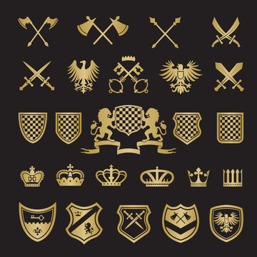 Heraldic Badges Medieval Stylized Shapes Swords Shields Crowns Lions Knight Ribbons Vector Labels Design Projects