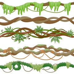 Seamless jungle vine on branch. Wild tropical tree with liana, leaves and moss. Green creeper plant stem. Cartoon rainforest vector pattern © Tartila