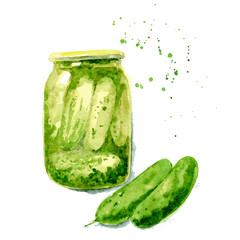 Jar of pickles, garlic, cucumber. Hand drawn watercolor illustration on white background. - 445727062
