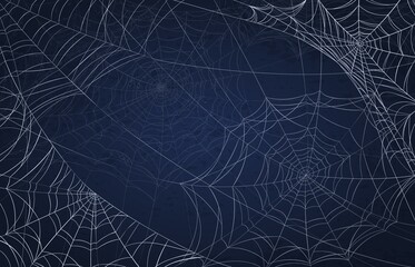 Spider web background for halloween. Spooky pattern with realistic cobwebs. Creepy holiday decoration, scary goth spiderweb vector texture