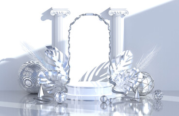 3d  Elegant Podium with silver balls and palm leaves on gray white background. 3D rendering illustration mockup