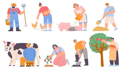 Fototapeta premium Working farmers. Agricultural worker milk cow, feed chickens and pigs, harvesting apples and planting. Cartoon farm woman and man vector set