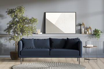 Light blue modern room with horizontal poster, decor, plant on the wall panel, a tree in a pot and a coffee table next to a dark blue sofa, a round knitted rug on a wooden floor. Front view. 3d render