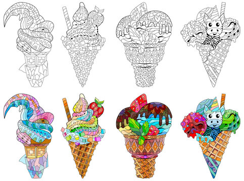 Set of hand drawn colorful zentangle ice cream illustration