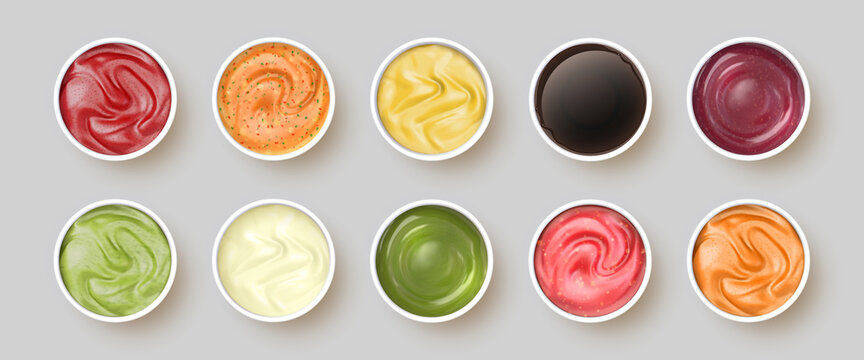 Dip sauces top view. Bowls with mayonnaise, tomato ketchup, mustard, pesto, curry and guacamole. Realistic spicy seasoning sauce vector set