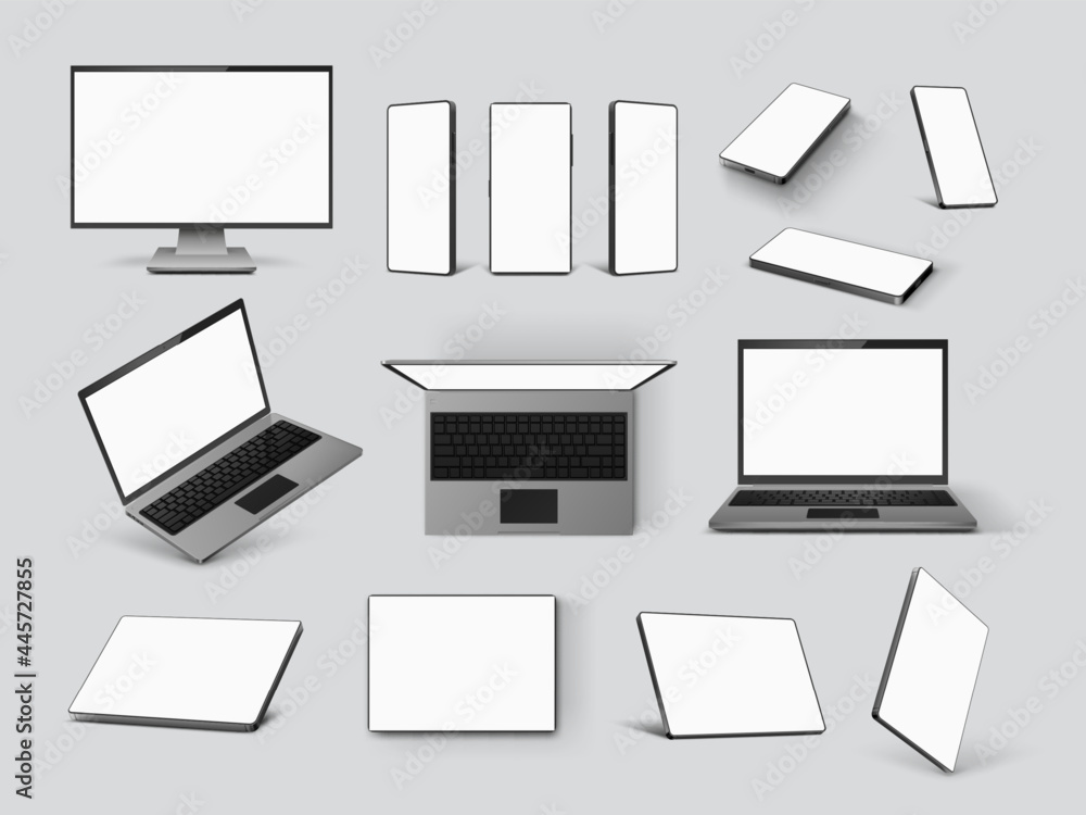Poster gadgets mockups. realistic laptop, mobile phone, computer monitor screen and tablet in front, angle 