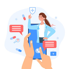 Doctor online concept. A person holds a phone in a bunch and asks questions to his doctor in a chat. Consultation with a doctor via video link. Cartoon flat vector illustration on a white background