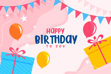 Happy Birthday Flat Card With Balloons Gift Boxes