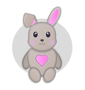 Rabbit toy, soft, voluminous, cute, with a big heart and eyes, for children and adults, gray, pink ears