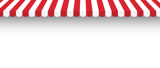 Striped red and white awning with shadow. Template design for shop, marketplace, cafes and street restaurants. Stripe canopy design. Striped sunshade or tent. Vector illustration