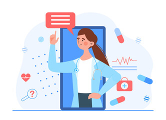 Doctor online concept. The doctor looks out of a large phone and communicates with the patient via video link. Consultation with a specialist. Cartoon flat vector illustration on a white background