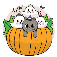 Cartoon cute hand draw black cat and ghosts in big pumpkin, Halloween day vector.